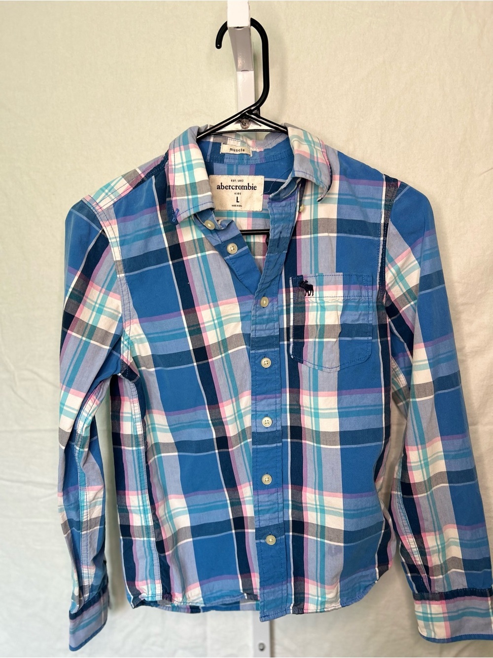 Vintage Y2K Abercrombie Kids Plaid Button Down Shirt Blue Pink Muscle Fit L